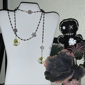 Yellow Tree of Life Pendant Lariat with Rhinestone Segmented Gunmetal Bead Chain